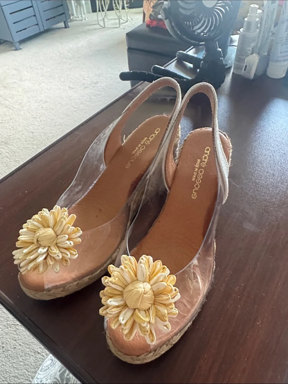 Andre Assous Beige and white Slingback Espadrille Wedges with Floral Accent